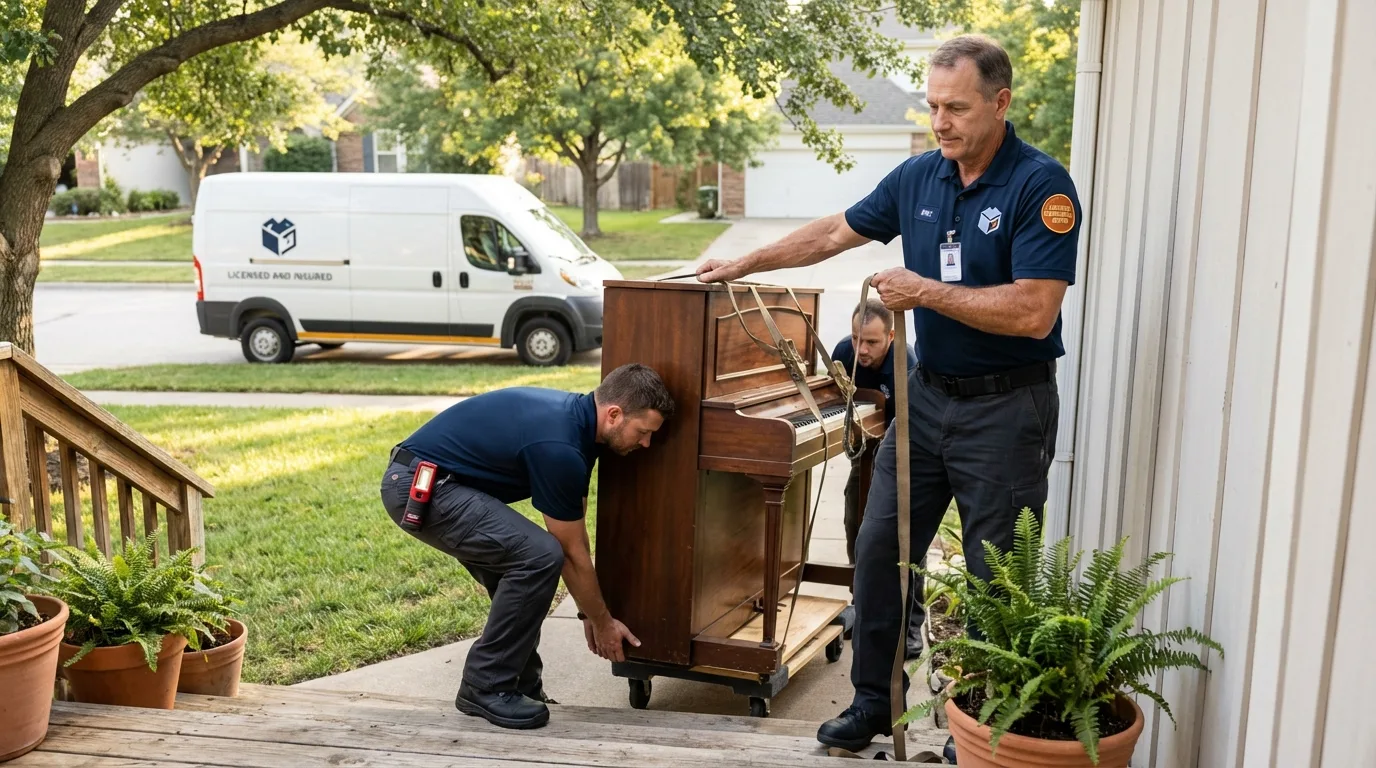 Licensed piano movers securing grand piano in Warrior, AL